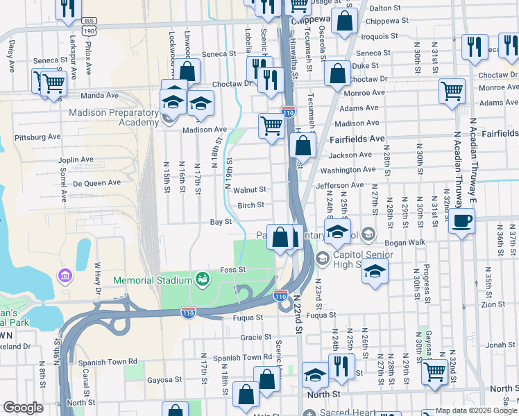 map of restaurants, bars, coffee shops, grocery stores, and more near 2025 Birch Street in Baton Rouge