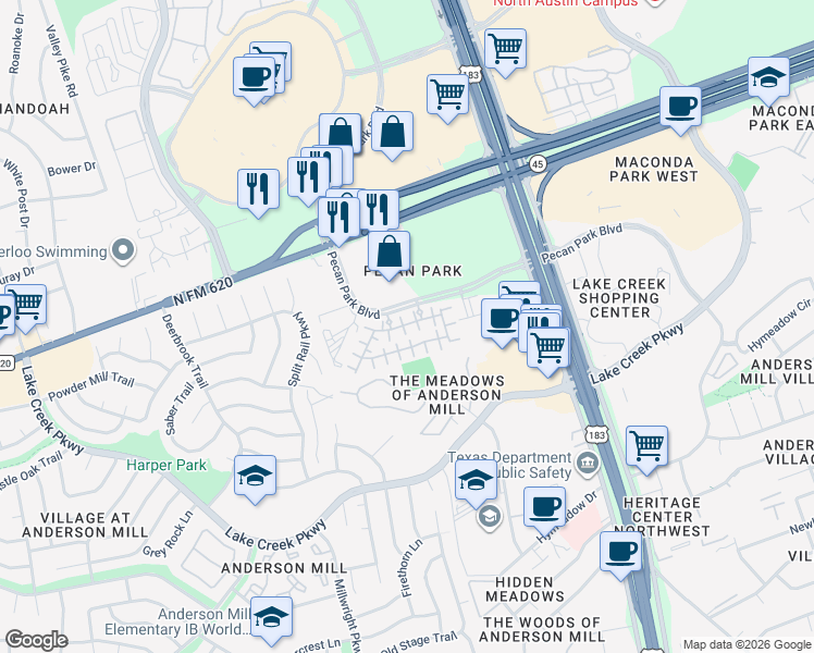 map of restaurants, bars, coffee shops, grocery stores, and more near 12709 Cayman Lane in Austin