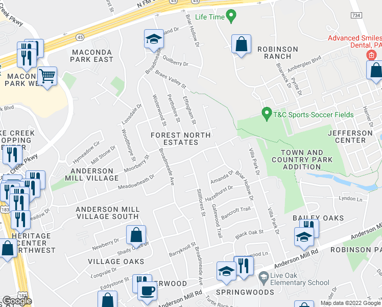 map of restaurants, bars, coffee shops, grocery stores, and more near 9314 Meadowheath Drive in Austin