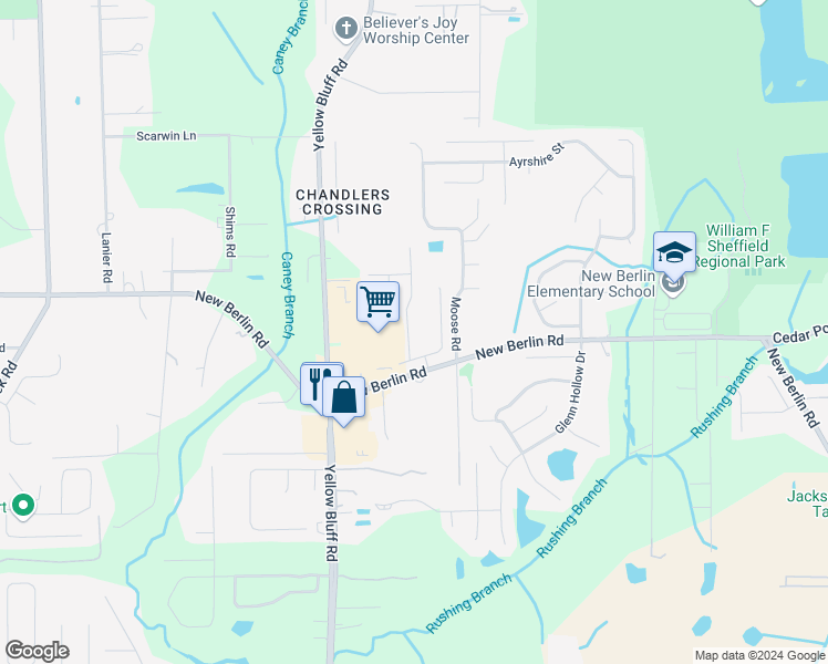map of restaurants, bars, coffee shops, grocery stores, and more near 12545 White Cedar Trail in Jacksonville