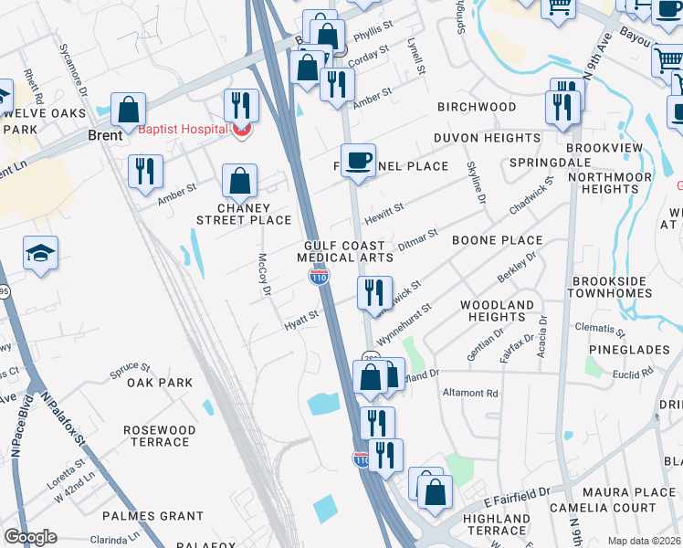 map of restaurants, bars, coffee shops, grocery stores, and more near 4551 North Davis Highway in Pensacola