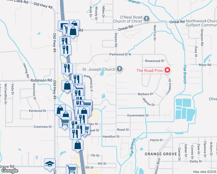 map of restaurants, bars, coffee shops, grocery stores, and more near 15282 Dogwood Cove in Gulfport