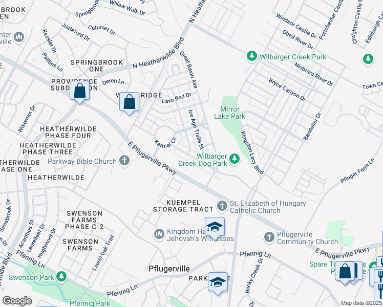 map of restaurants, bars, coffee shops, grocery stores, and more near 17805 Kenai Fjords Drive in Pflugerville