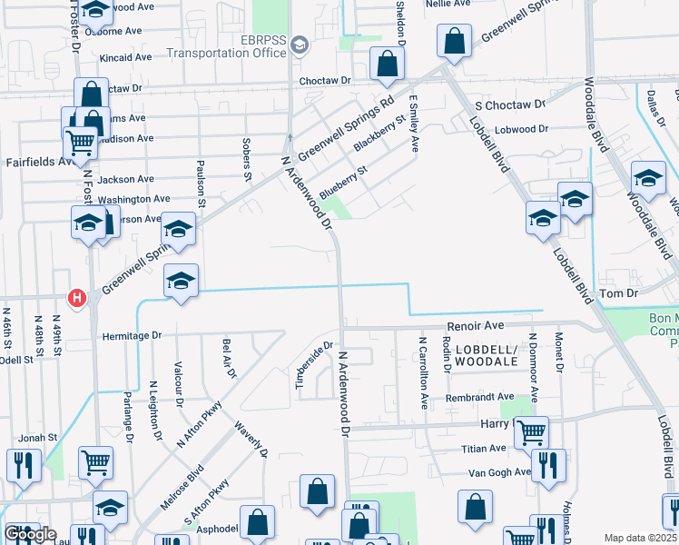 map of restaurants, bars, coffee shops, grocery stores, and more near 1701 North Ardenwood Drive in Baton Rouge