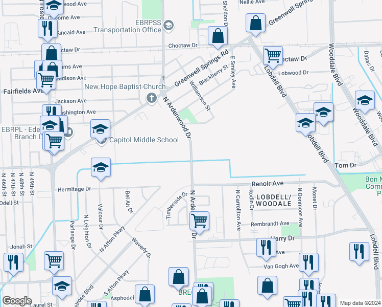 map of restaurants, bars, coffee shops, grocery stores, and more near 1701 North Ardenwood Drive in Baton Rouge