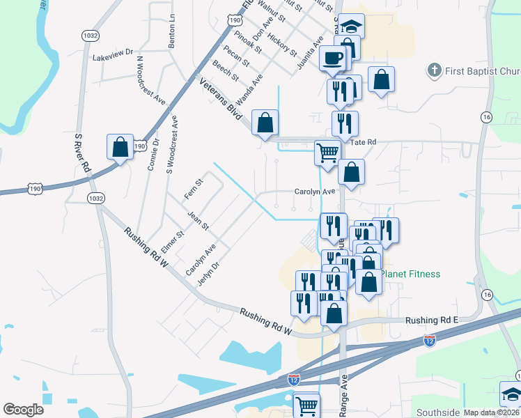 map of restaurants, bars, coffee shops, grocery stores, and more near 1901 Jerlyn Drive in Denham Springs