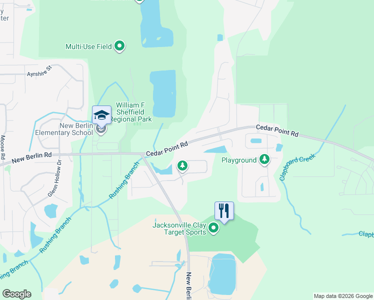 map of restaurants, bars, coffee shops, grocery stores, and more near 3882 Cedar Point Road in Jacksonville