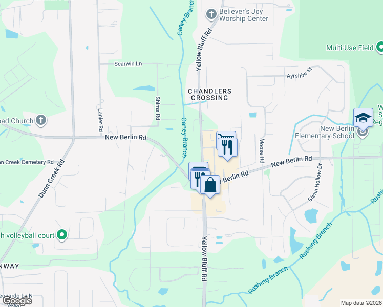 map of restaurants, bars, coffee shops, grocery stores, and more near 12544 Yellow Bluff Road in Jacksonville