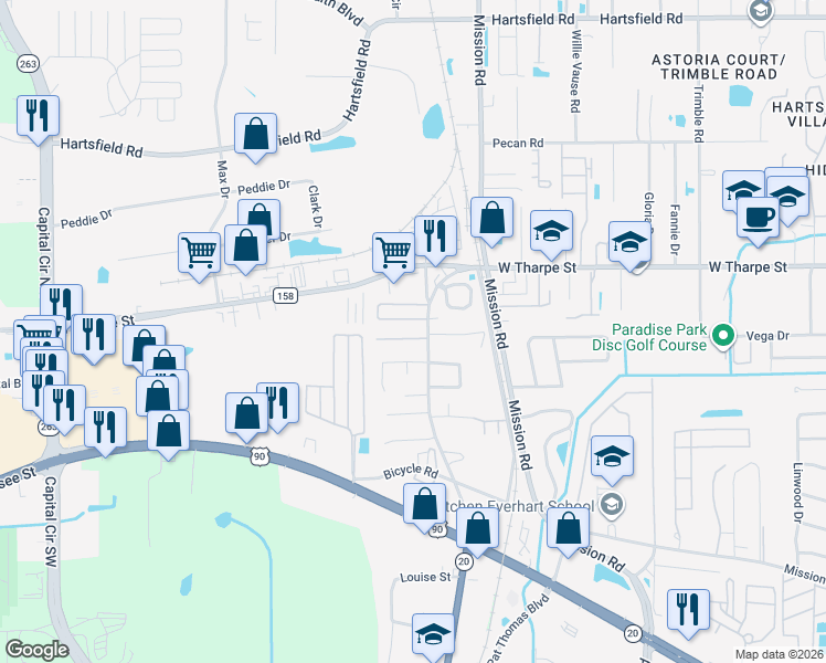 map of restaurants, bars, coffee shops, grocery stores, and more near 3174 Carriage Manor Circle in Tallahassee