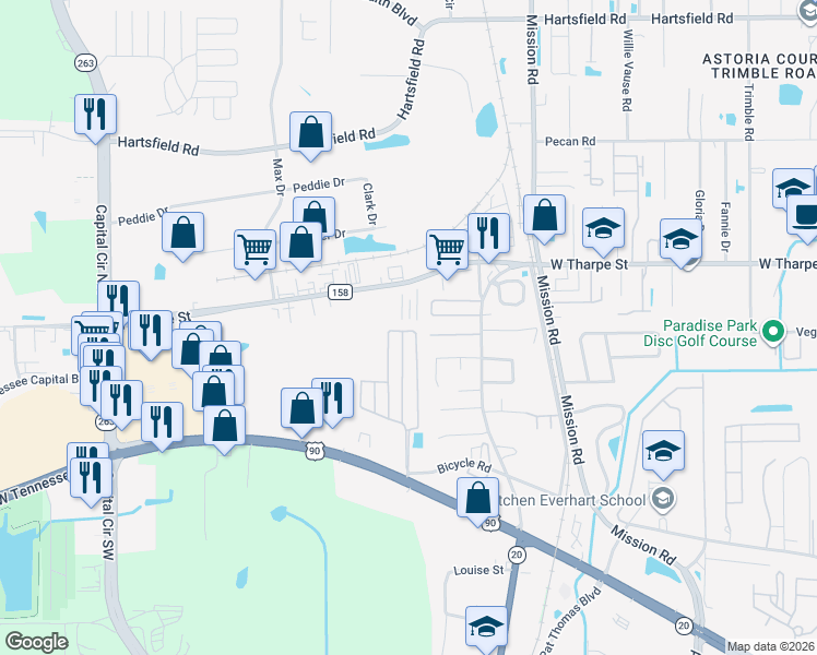 map of restaurants, bars, coffee shops, grocery stores, and more near 3362 Fort Collins Lane in Tallahassee