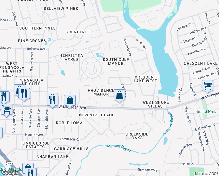 map of restaurants, bars, coffee shops, grocery stores, and more near 5921 Providence Loop in Pensacola