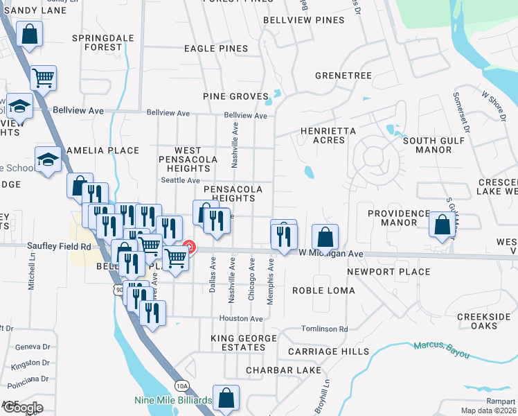 map of restaurants, bars, coffee shops, grocery stores, and more near 6106 Chicago Avenue in Pensacola
