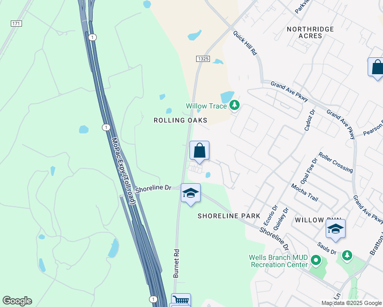 map of restaurants, bars, coffee shops, grocery stores, and more near 15433 Farm to Market Road 1325 in Austin