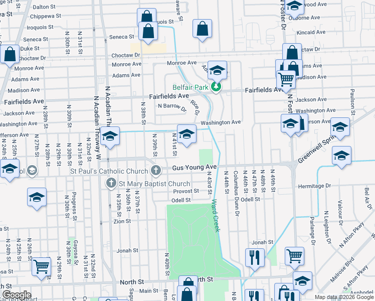 map of restaurants, bars, coffee shops, grocery stores, and more near 4141 Gus Young Avenue in Baton Rouge