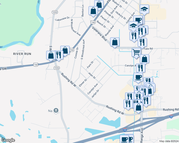 map of restaurants, bars, coffee shops, grocery stores, and more near 645 Jean Street in Denham Springs