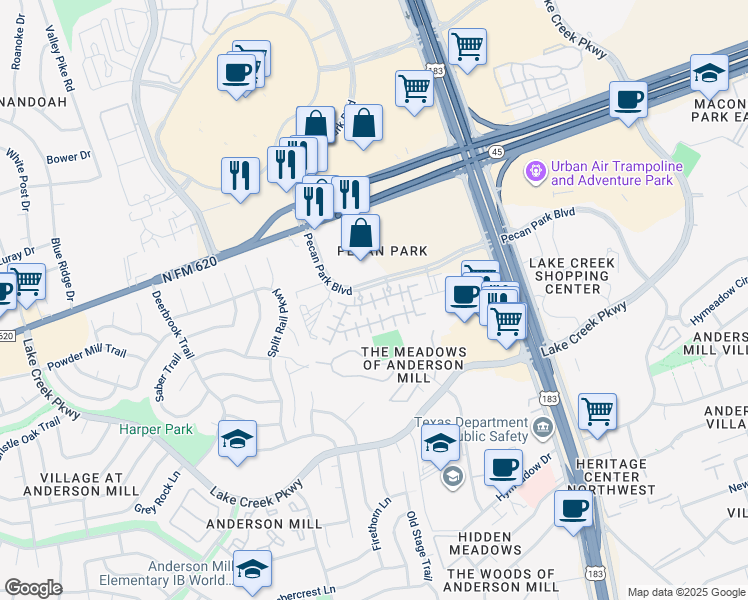 map of restaurants, bars, coffee shops, grocery stores, and more near 12808 Cayman Lane in Austin