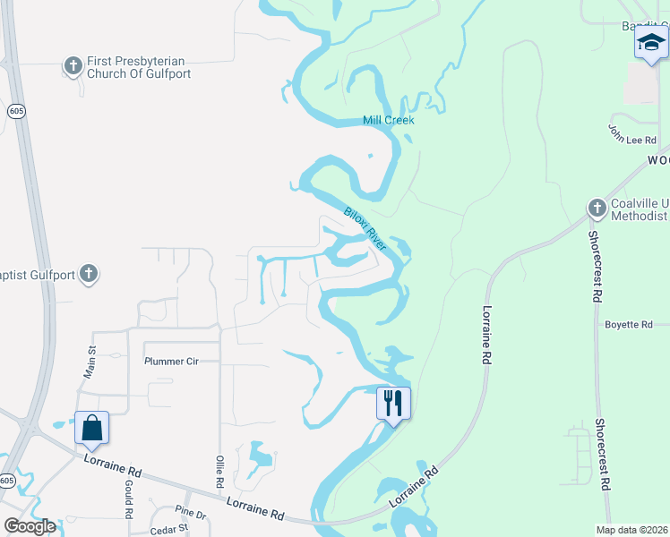 map of restaurants, bars, coffee shops, grocery stores, and more near 10334 Riverroad Drive in Gulfport
