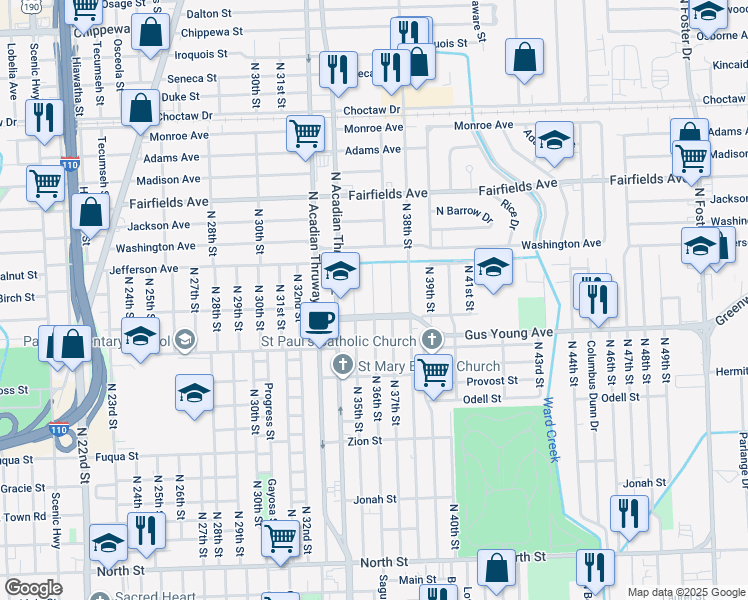 map of restaurants, bars, coffee shops, grocery stores, and more near 1653 North 36th Street in Baton Rouge