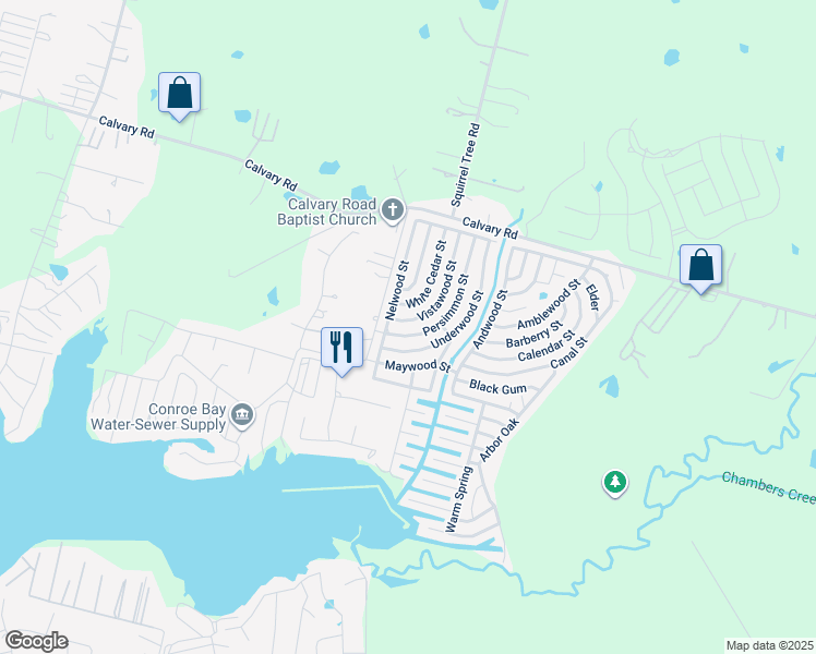 map of restaurants, bars, coffee shops, grocery stores, and more near 11604 Vistawood Street in Willis