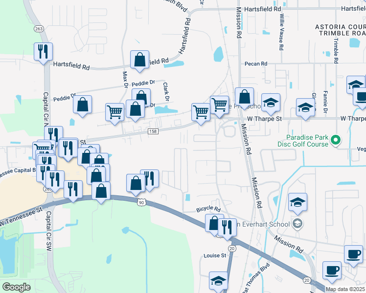 map of restaurants, bars, coffee shops, grocery stores, and more near 3362 Fort Collins Lane in Tallahassee