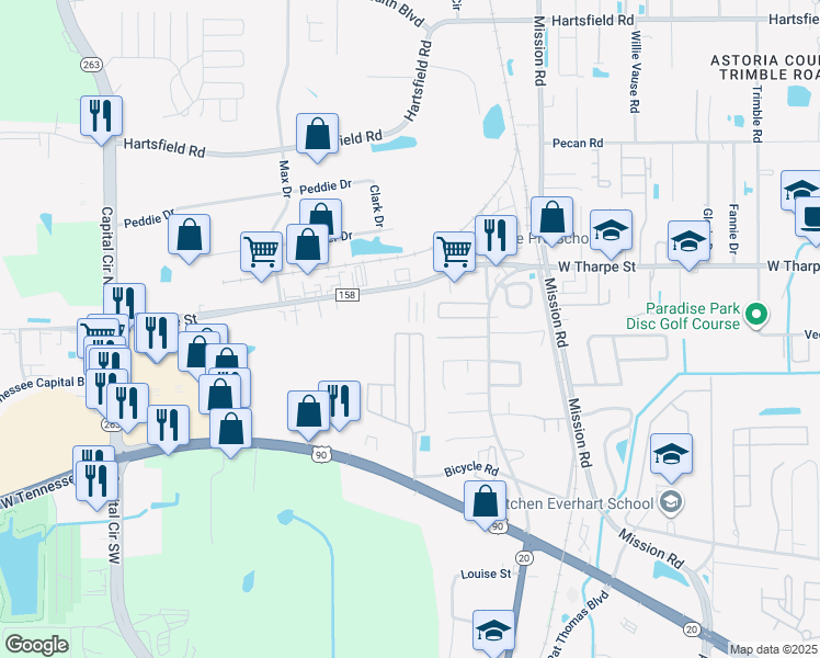 map of restaurants, bars, coffee shops, grocery stores, and more near 3362 Fort Collins Lane in Tallahassee