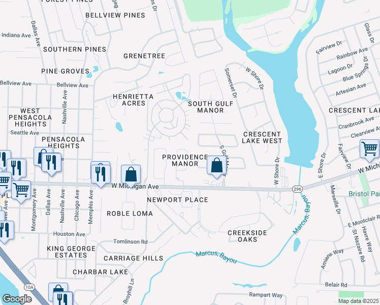 map of restaurants, bars, coffee shops, grocery stores, and more near 5925 Providence Loop in Pensacola
