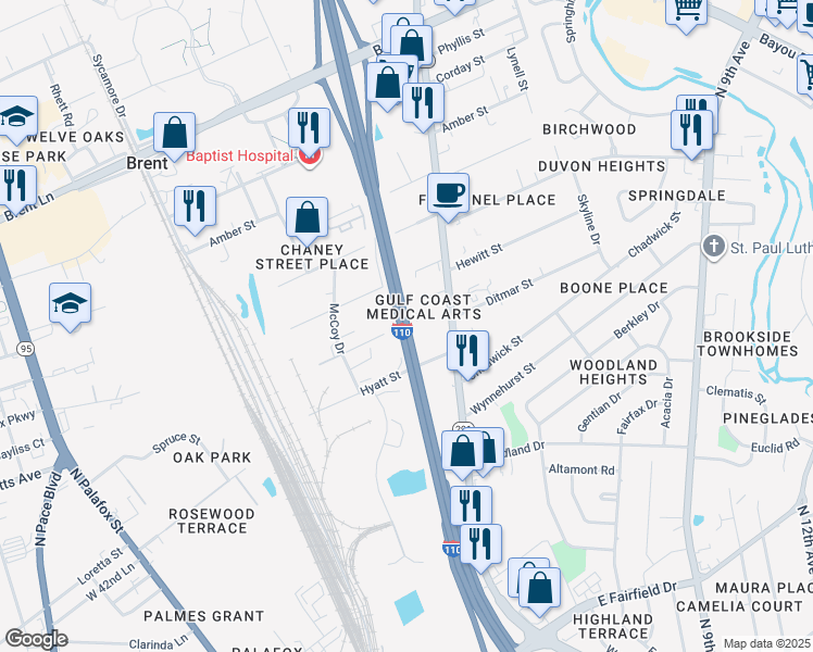 map of restaurants, bars, coffee shops, grocery stores, and more near Highway 8A in Pensacola