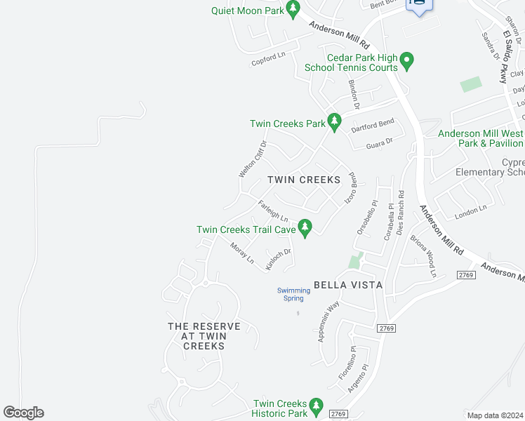 map of restaurants, bars, coffee shops, grocery stores, and more near 2501 Farleigh Lane in Cedar Park