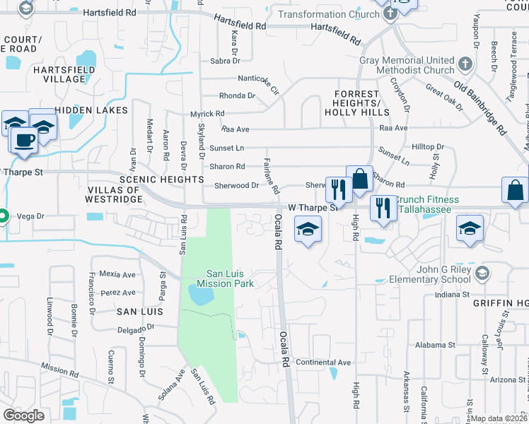 map of restaurants, bars, coffee shops, grocery stores, and more near 411 Westwood Drive in Tallahassee