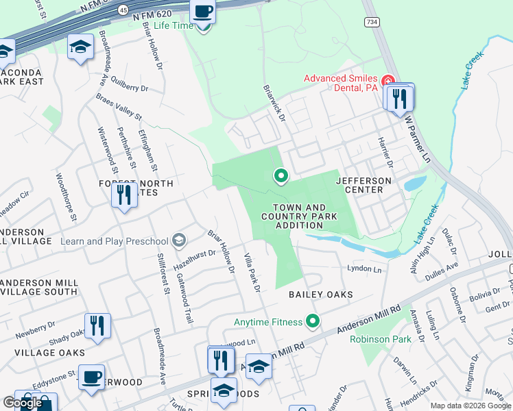 map of restaurants, bars, coffee shops, grocery stores, and more near 9100 Meadowheath Drive in Austin