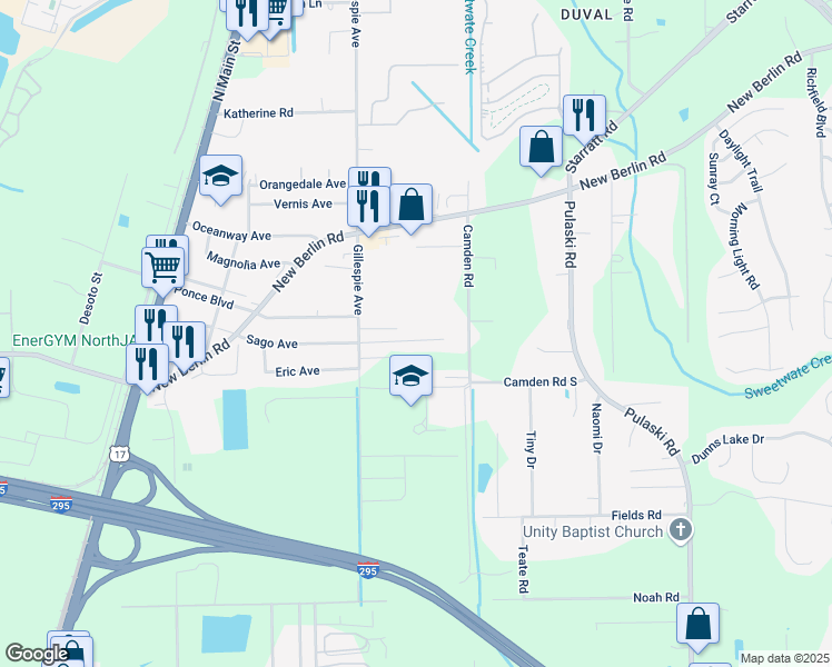 map of restaurants, bars, coffee shops, grocery stores, and more near 555 Worcester Court in Jacksonville