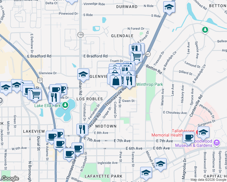 map of restaurants, bars, coffee shops, grocery stores, and more near 1665 Fernando Drive in Tallahassee