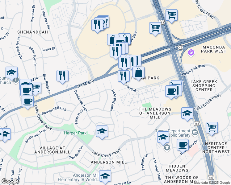 map of restaurants, bars, coffee shops, grocery stores, and more near 12507 Split Rail Parkway in Austin