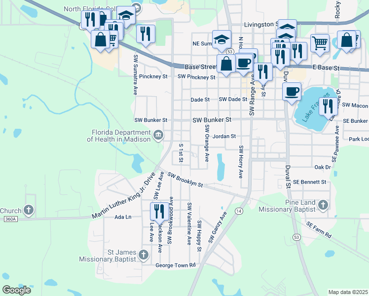 map of restaurants, bars, coffee shops, grocery stores, and more near 185 Southwest Smith Street in Madison