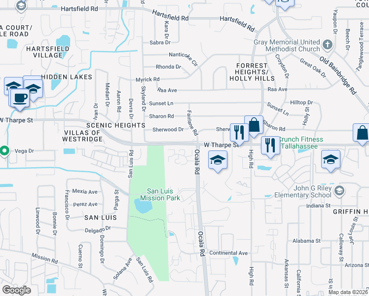 map of restaurants, bars, coffee shops, grocery stores, and more near 411 Westwood Drive in Tallahassee