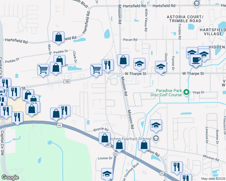 map of restaurants, bars, coffee shops, grocery stores, and more near 1550 Devoe Street in Tallahassee