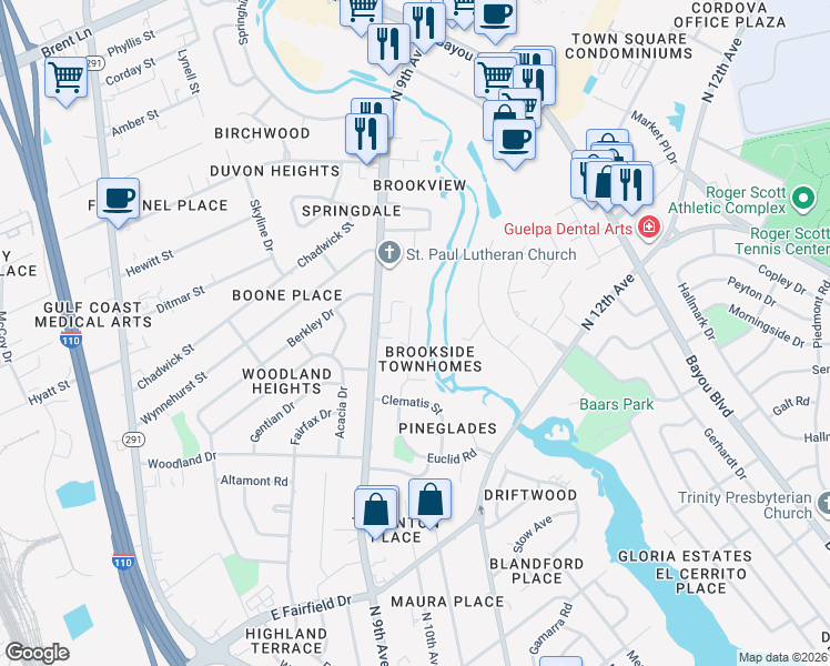 map of restaurants, bars, coffee shops, grocery stores, and more near 4265 Brookside Drive in Pensacola