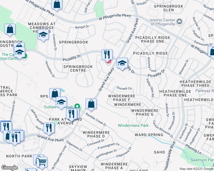 map of restaurants, bars, coffee shops, grocery stores, and more near 1214 Disraeli Circle in Pflugerville