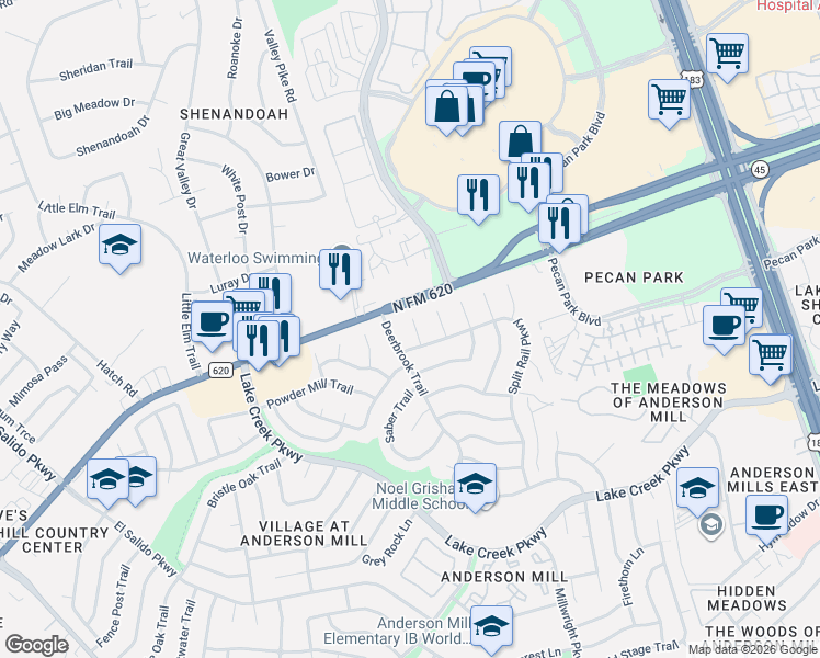 map of restaurants, bars, coffee shops, grocery stores, and more near 12401 Rusted Nail Cove in Austin