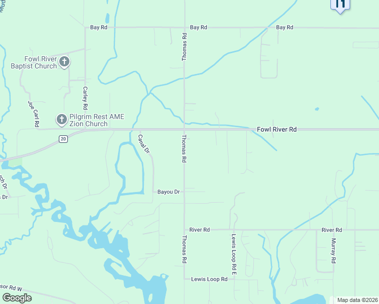 map of restaurants, bars, coffee shops, grocery stores, and more near 10921 Thomas Road in Theodore