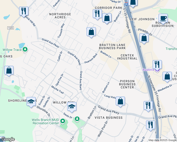 map of restaurants, bars, coffee shops, grocery stores, and more near 3205 Betony Street in Austin