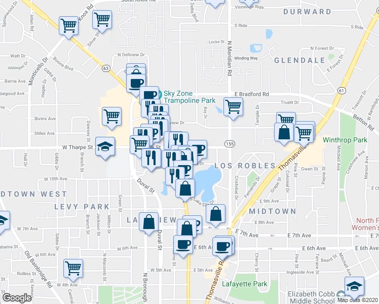 map of restaurants, bars, coffee shops, grocery stores, and more near 215 East Tharpe Street in Tallahassee