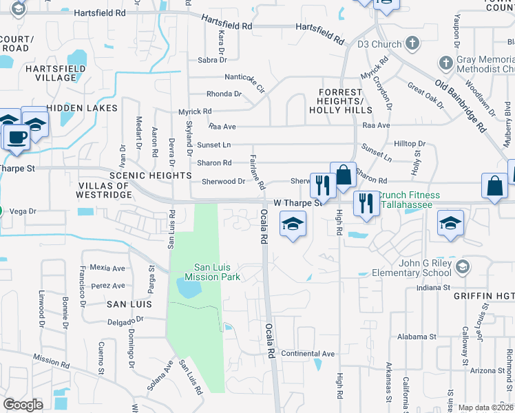 map of restaurants, bars, coffee shops, grocery stores, and more near 2017-2020 Ocala Road in Tallahassee