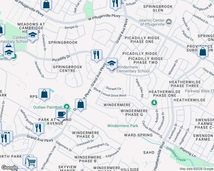 map of restaurants, bars, coffee shops, grocery stores, and more near 1202 Disraeli Cir in Pflugerville