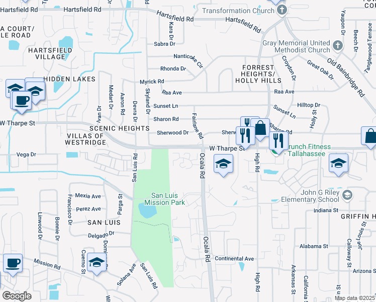 map of restaurants, bars, coffee shops, grocery stores, and more near 411 Westwood Drive in Tallahassee