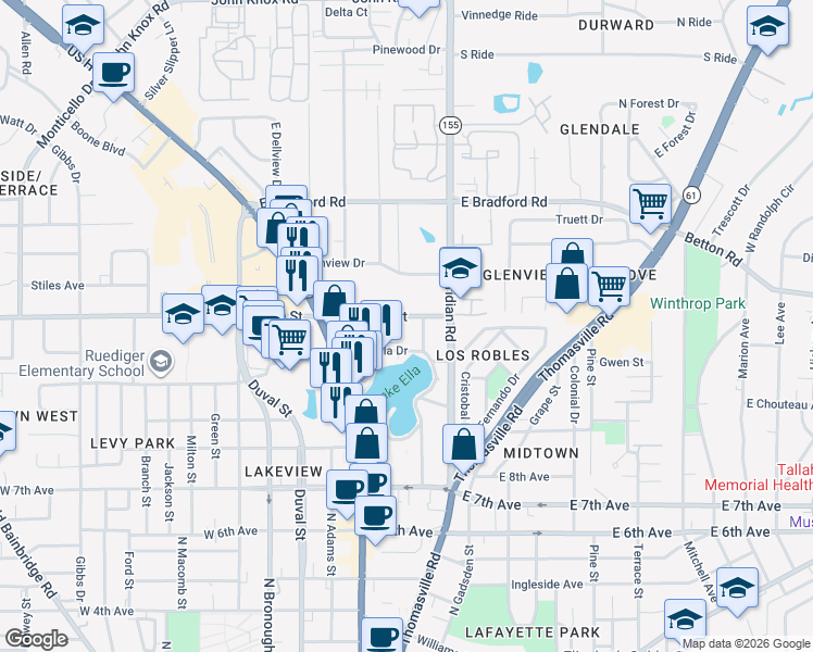 map of restaurants, bars, coffee shops, grocery stores, and more near 301 East Tharpe Street in Tallahassee