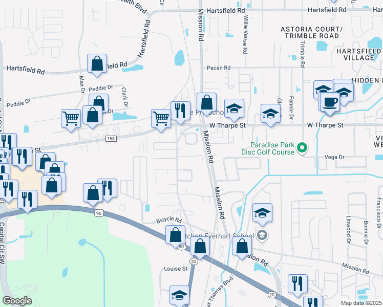map of restaurants, bars, coffee shops, grocery stores, and more near 1550 Devoe Street in Tallahassee