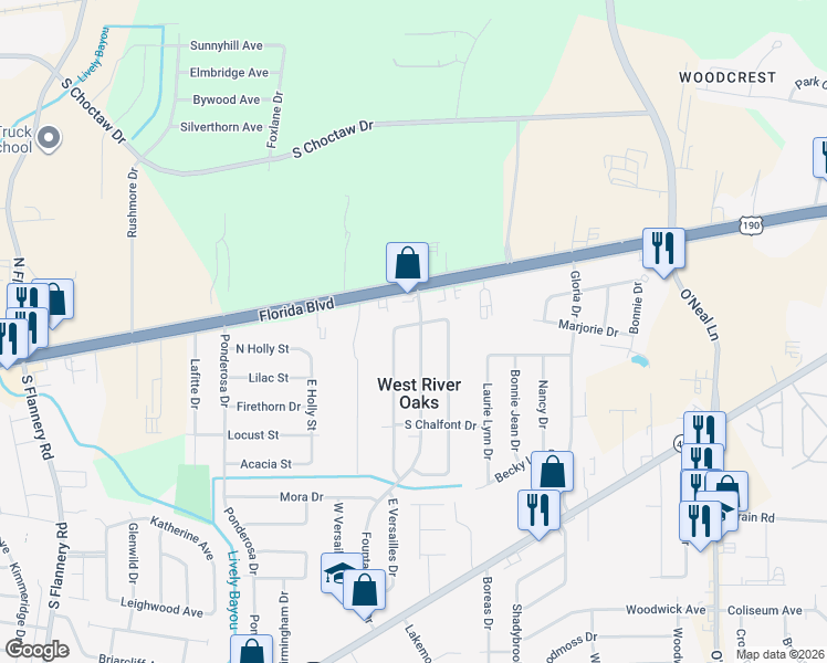 map of restaurants, bars, coffee shops, grocery stores, and more near 224 Fountainbleau Drive in Baton Rouge