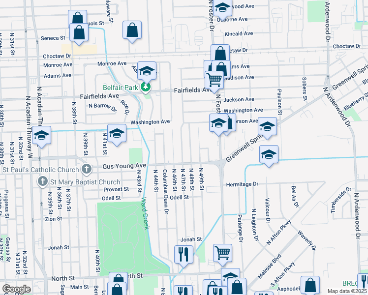 map of restaurants, bars, coffee shops, grocery stores, and more near 1622 North 47th Street in Baton Rouge