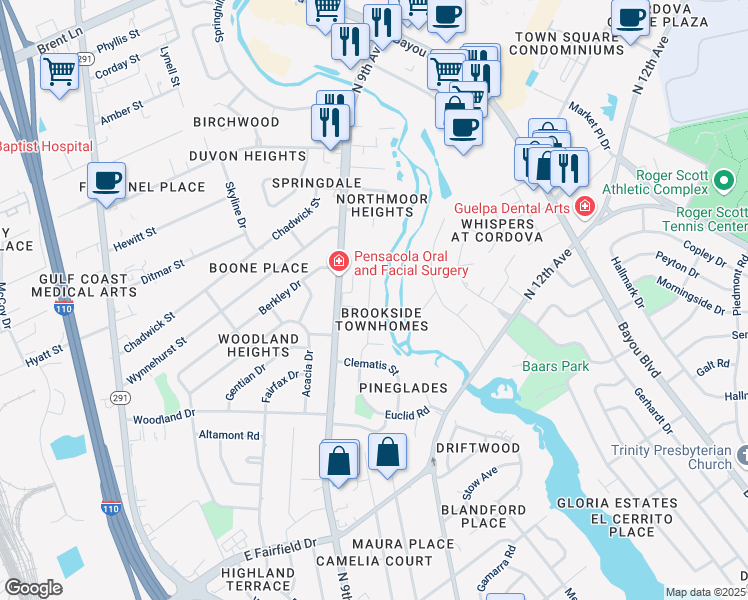 map of restaurants, bars, coffee shops, grocery stores, and more near 4260 Brookside Drive in Pensacola